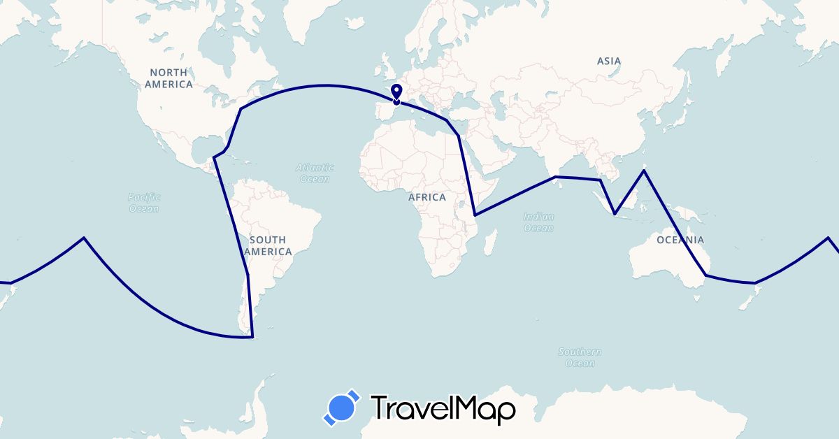 TravelMap itinerary: driving in Argentina, Australia, Chile, Cuba, Egypt, France, Greece, Indonesia, India, Mexico, New Zealand, Peru, Philippines, Thailand, Tanzania, United States (Africa, Asia, Europe, North America, Oceania, South America)